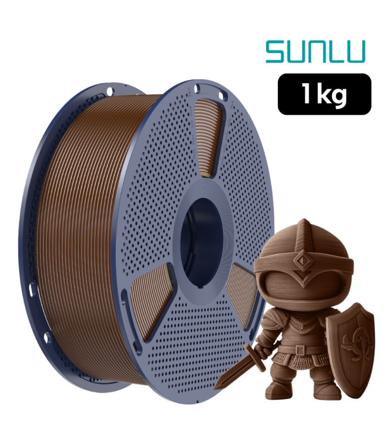 Filamento SUNLU PLA+ 2.0 Café Oscuro 1 kg de Smartec Store, con figura de caballero impresa en 3D para piezas resistentes y detalladas