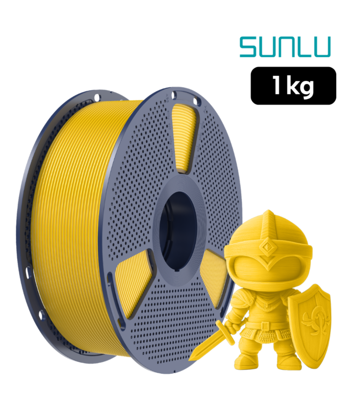 Filamento SUNLU PLA+ 2.0 Amarillo Radiante 1 kg de Smartec Store, con figura de caballero impresa en 3D para piezas resistentes y detalladas