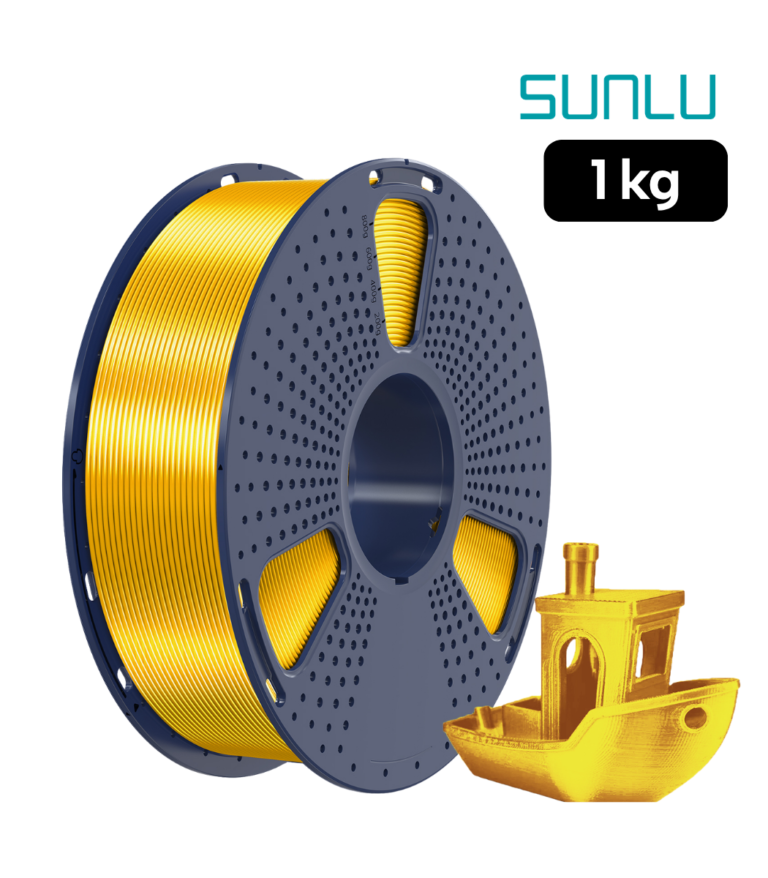 Filamento SUNLU PLA+ Silk Dorado 1 kg con muestra impresa y acabado sedoso