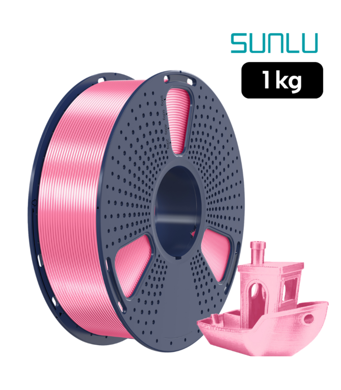 Filamento SUNLU PLA+ Silk Rosado 1 kg con muestra impresa y acabado sedoso