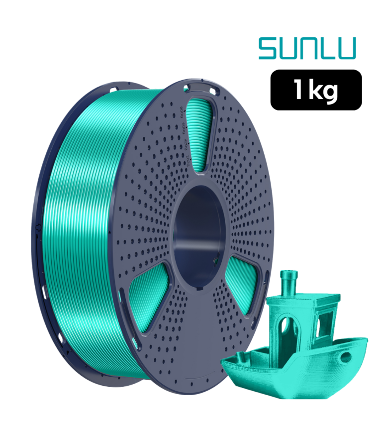 Filamento SUNLU PLA+ Silk Verde Brillante 1 kg con muestra impresa y acabado sedoso