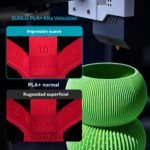 Comparación de impresión suave con filamento SUNLU High Speed PLA+ de Smartec Store frente a PLA+ normal, mostrando menor rugosidad superficial