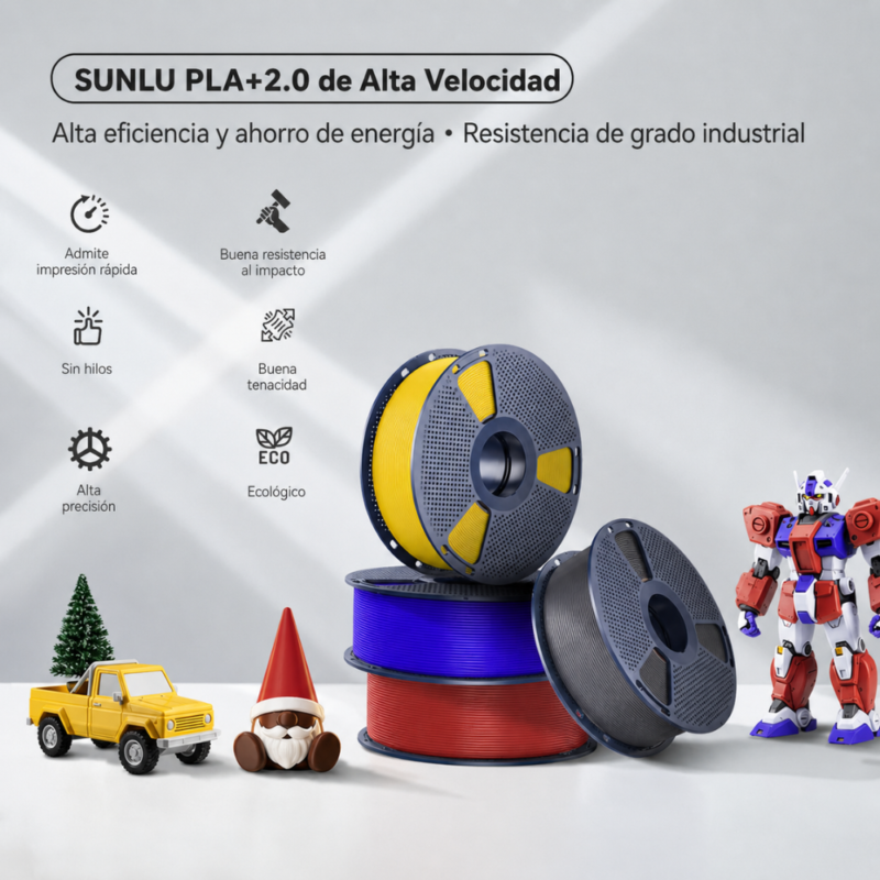 Filamento SUNLU PLA+ 2.0 de Alta Velocidad Varios Colores de Smartec Store, ideal para impresión 3D rápida, resistente y precisa