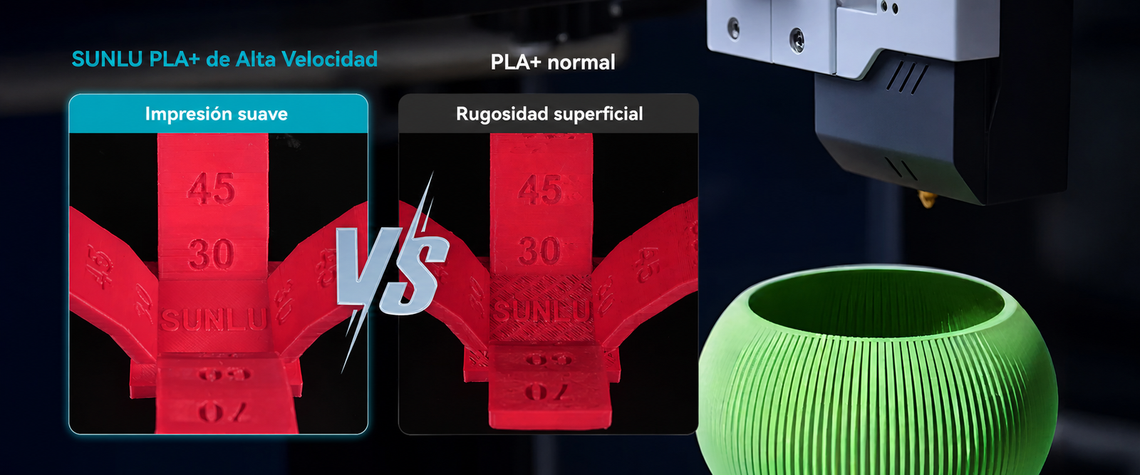 Comparación de impresión suave con filamento SUNLU High Speed PLA+ de Smartec Store frente a PLA+ normal, mostrando menor rugosidad superficial