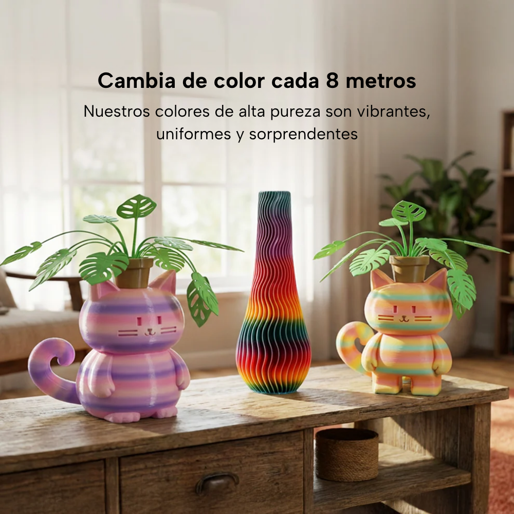 Jarrones decorativos impresos con filamento SUNLU PLA Arcoíris de Smartec Store, con cambio de color cada 8 metros y transición multicolor