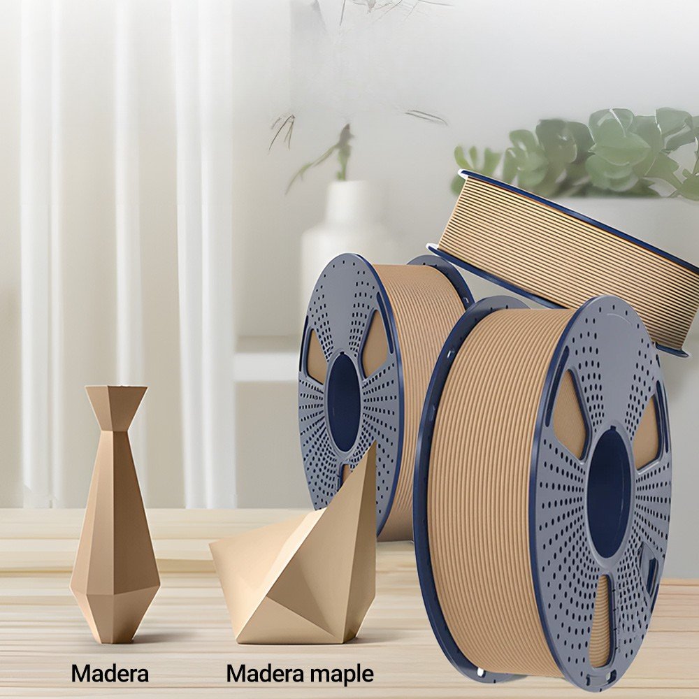 Comparación de filamento SUNLU PLA Madera y Madera maple para impresión 3D con acabado natural