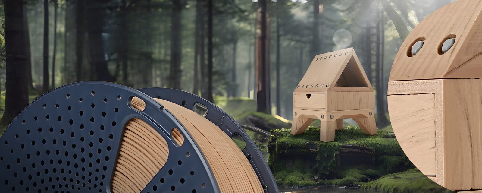 Filamento SUNLU PLA Madera de Smartec Store junto a piezas impresas en 3D con acabado natural en ambiente de bosque