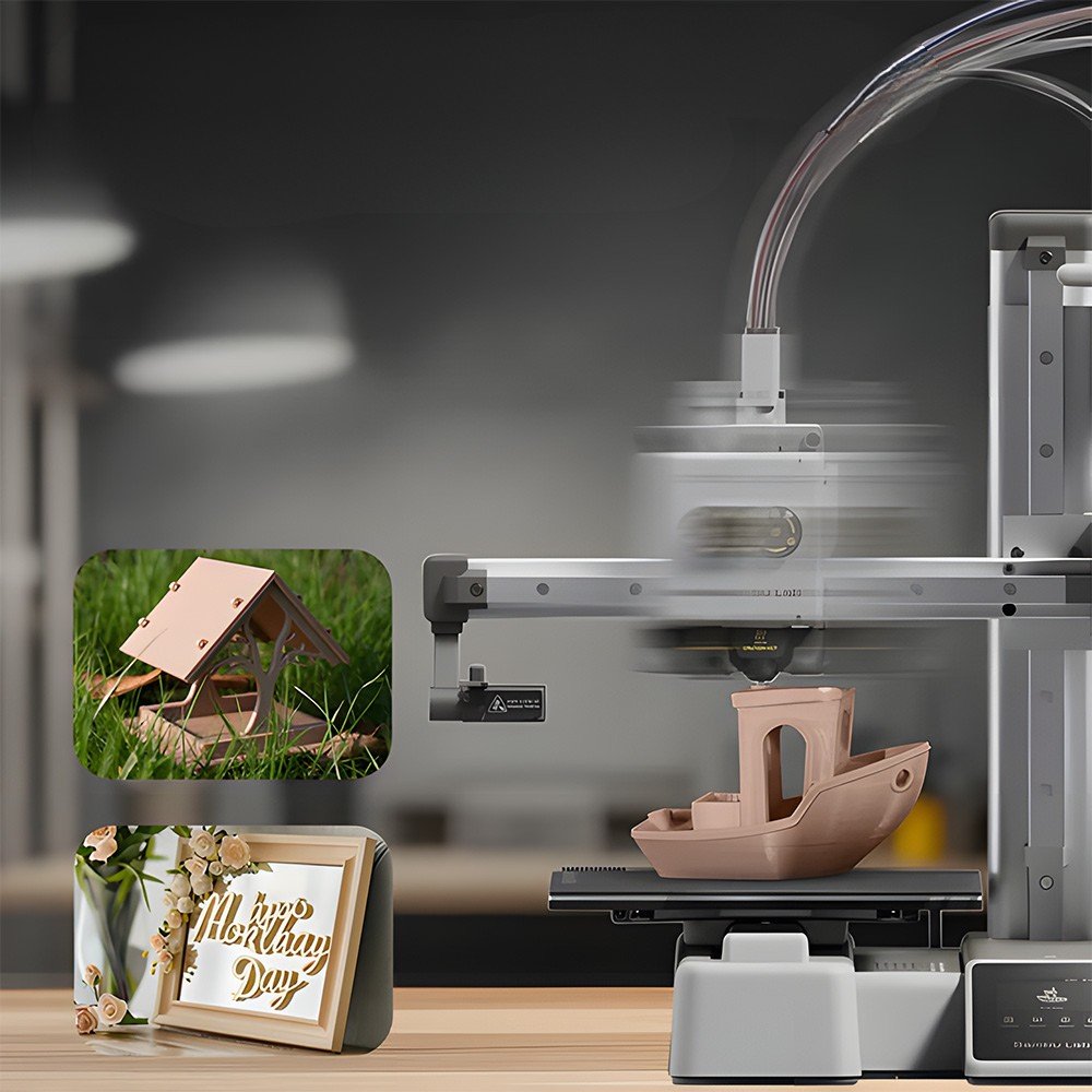 Impresora 3D trabajando con filamento SUNLU PLA Madera para crear piezas decorativas y maquetas