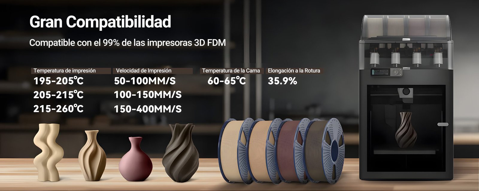 Filamento SUNLU PLA Madera de Smartec Store compatible con impresoras 3D FDM, con parámetros de temperatura, velocidad y cama caliente