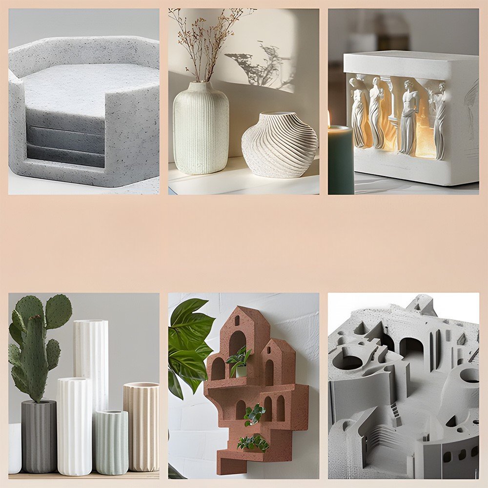 Objetos decorativos impresos con filamento SUNLU High Speed PLA Mármol de Smartec Store, incluyendo jarrones, organizadores, lámparas y elementos arquitectónicos con acabado tipo piedra