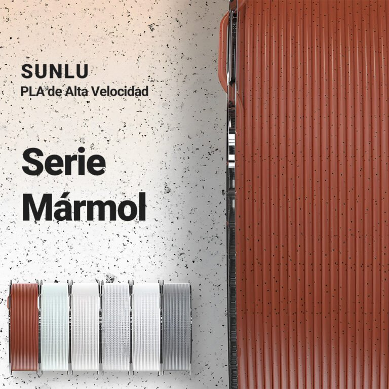 Detalle de filamento SUNLU High Speed PLA Mármol de Smartec Store, mostrando textura tipo piedra con partículas Negras y acabado natural