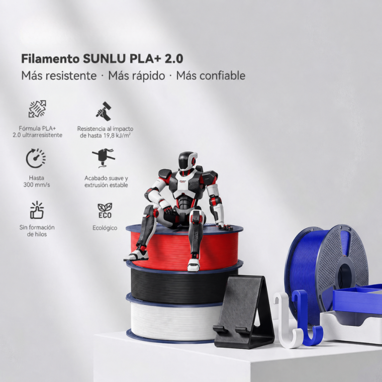 Filamento SUNLU PLA+ 2.0 Rojo, Negro, Blanco y Azul de Smartec Store, con piezas impresas en 3D y mayor resistencia para uso general