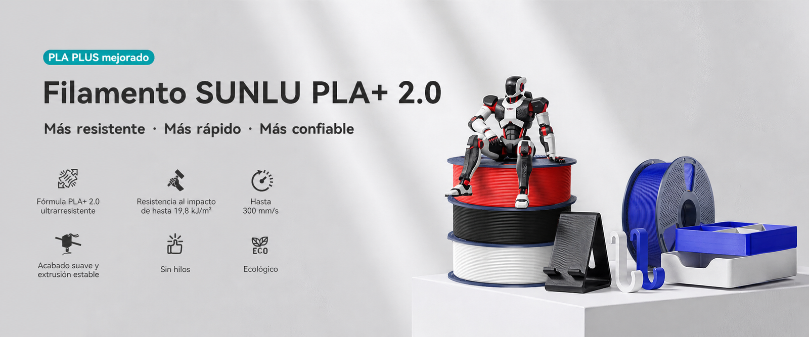 Filamento SUNLU PLA+ 2.0 Rojo, Negro, Blanco y Azul de Smartec Store, con piezas impresas en 3D y mayor resistencia para uso general