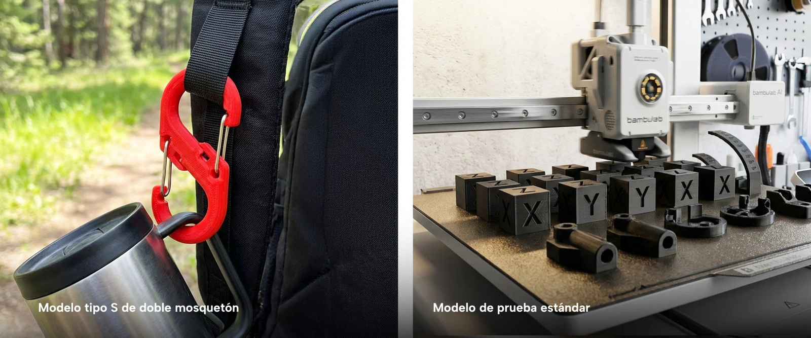 Mosquetón Rojo y modelos de prueba Negros impresos con filamento SUNLU PLA+ 2.0 de Smartec Store, ideal para piezas funcionales y pruebas de impresión 3D