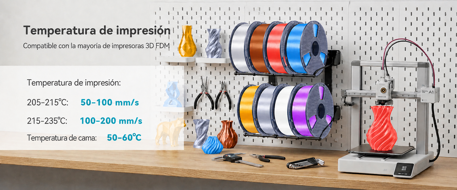 Guía de temperatura para filamento SUNLU PLA+ Silk Varios Colores de Smartec Store, compatible con impresoras 3D FDM