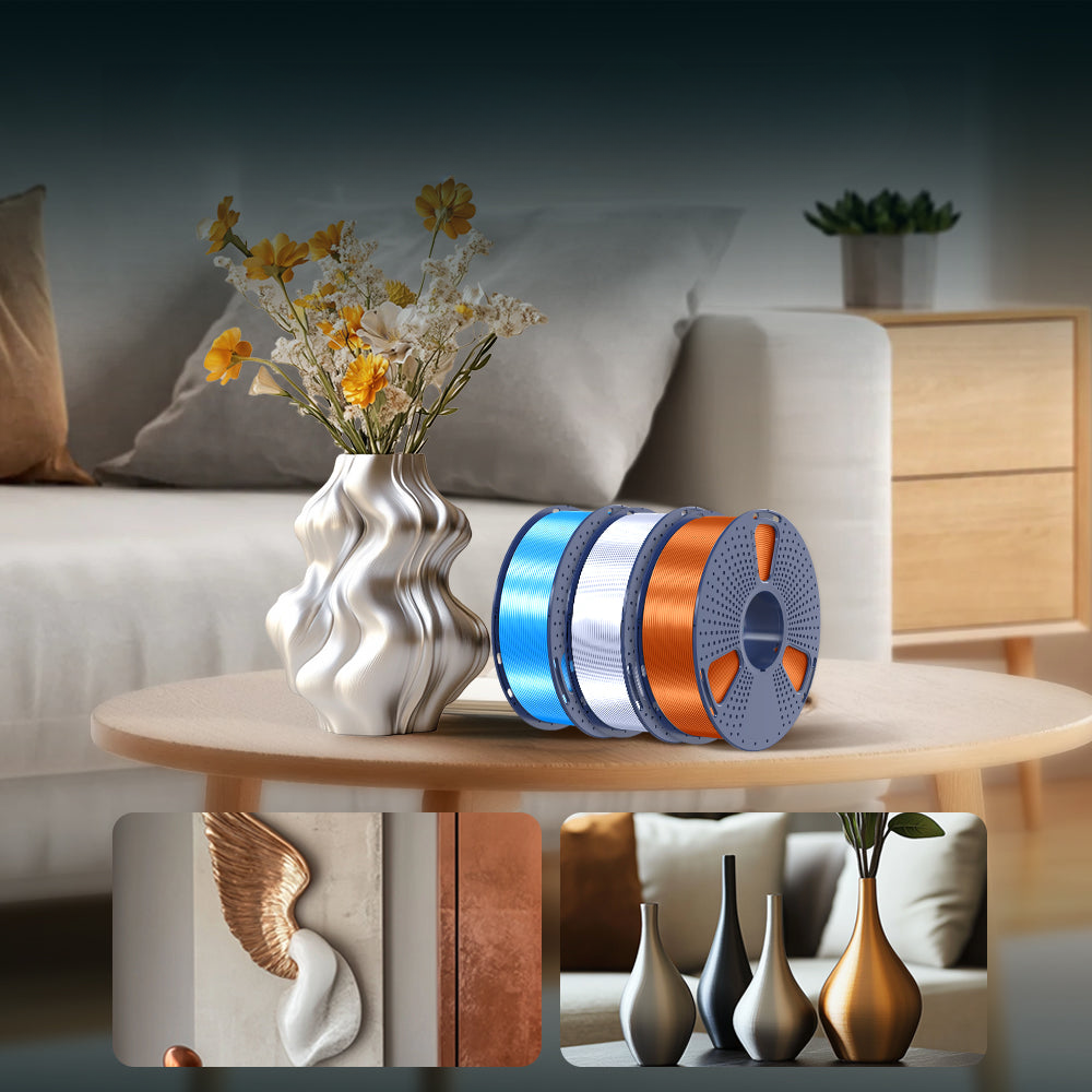 Jarrón decorativo y rollos de filamento SUNLU PLA+ Silk Varios Colores de Smartec Store, ideales para decoración del hogar con acabado brillante tipo seda