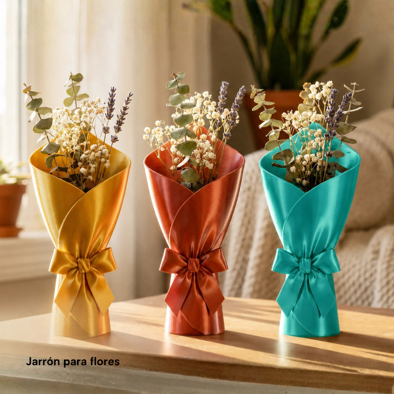 Jarrones para flores Dorado, Cobre y Verde Brillante impresos con filamento SUNLU PLA+ Silk de Smartec Store, con acabado brillante tipo seda