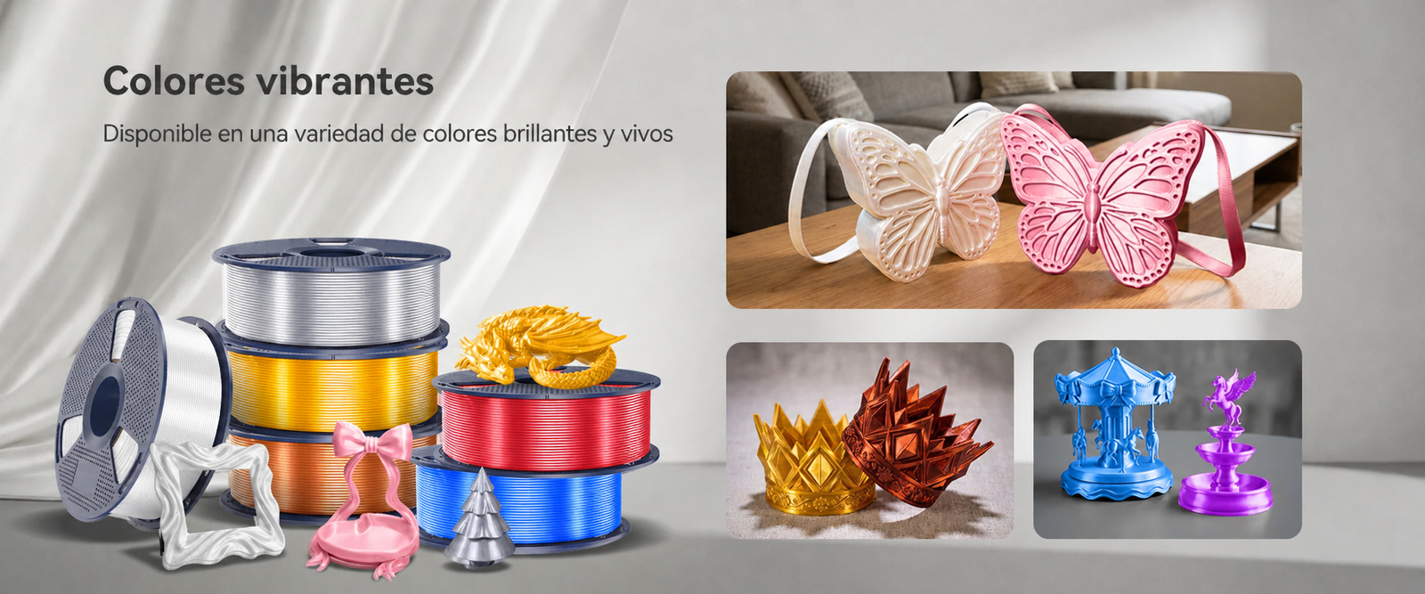 Filamento SUNLU PLA+ Silk Varios Colores de Smartec Store, con piezas decorativas brillantes como mariposas, coronas y modelos artísticos