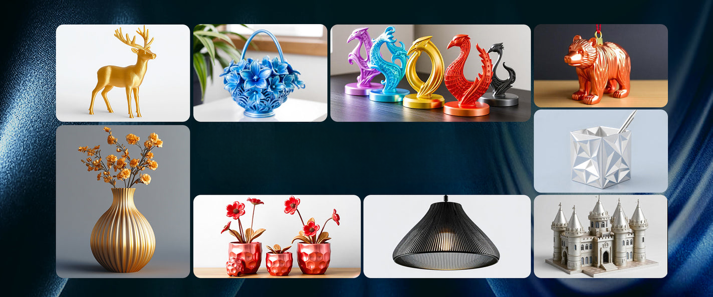 Aplicaciones decorativas impresas con filamento SUNLU PLA+ Silk Varios Colores de Smartec Store, incluyendo figuras, jarrones, lámparas y piezas artísticas con acabado brillante