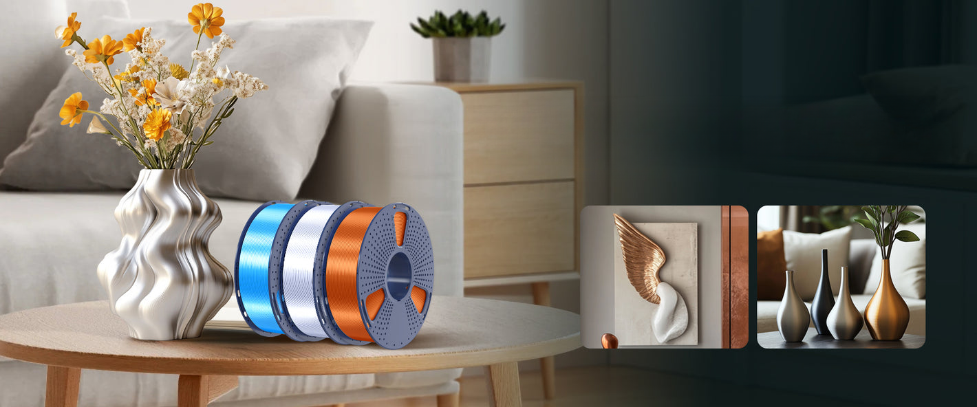 Jarrón Blanco y rollos de filamento SUNLU PLA+ Silk Varios Colores de Smartec Store, ideales para decoración del hogar con acabado brillante tipo seda