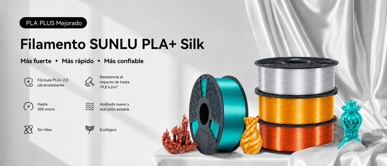 Filamento SUNLU PLA+ Silk Varios Colores de Smartec Store, con acabado sedoso, alta resistencia y brillo elegante para impresión 3D