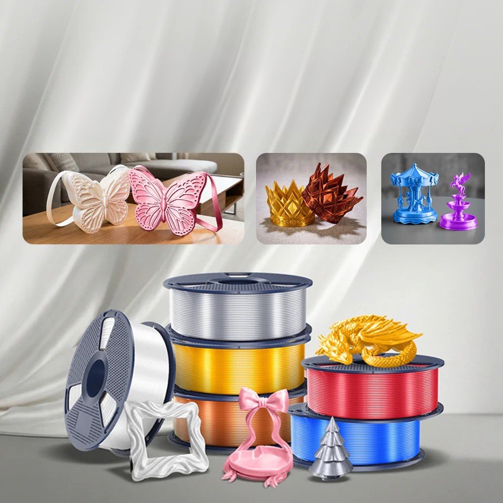 Filamento SUNLU PLA+ Silk Varios Colores de Smartec Store, con piezas decorativas brillantes como mariposas, coronas y modelos artísticos