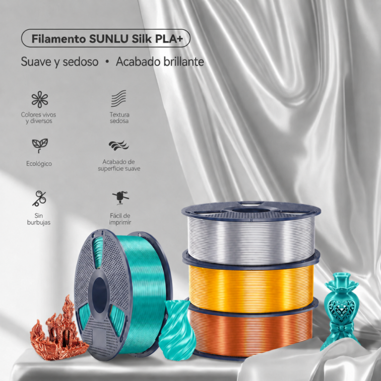 Filamento SUNLU PLA+ Silk Varios Colores de Smartec Store, con acabado sedoso, alta resistencia y brillo elegante para impresión 3D