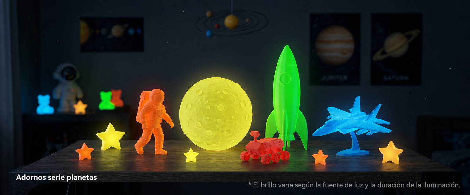 Adornos de planetas, astronauta, cohete y estrellas impresos con filamento SUNLU PLA Glow in the Dark Varios Colores de Smartec Store