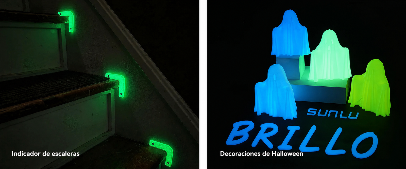 Indicadores de escalera y decoraciones de Halloween impresos con filamento SUNLU PLA Glow in the Dark de Smartec Store, con brillo luminoso en la oscuridad