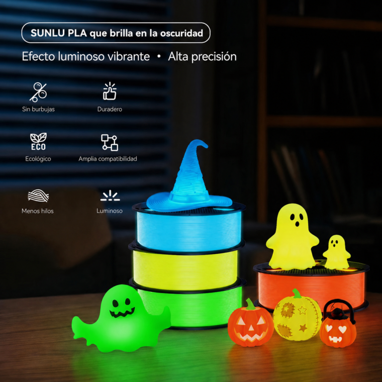 Filamento SUNLU PLA Glow in the Dark de Smartec Store, con figuras luminosas de Halloween y efecto brillante en la oscuridad