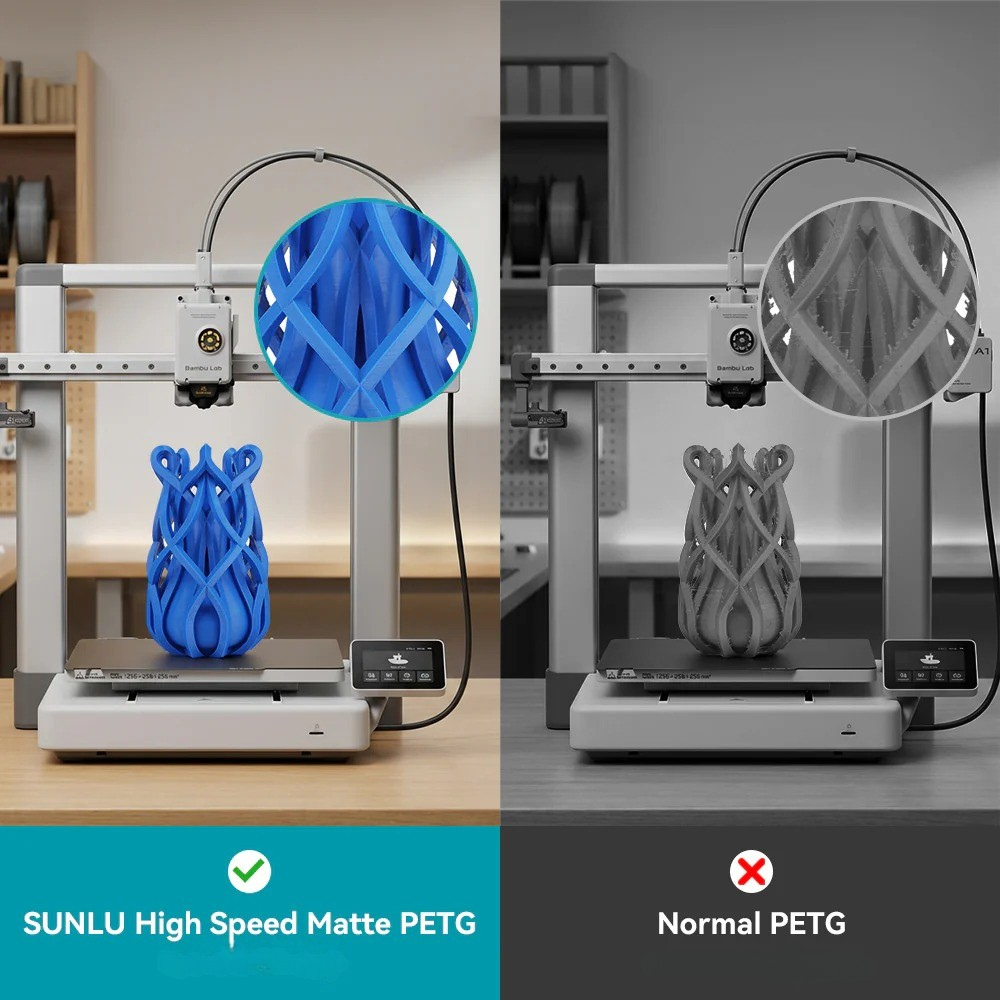 Comparación entre SUNLU High Speed PETG Mate y PETG normal de Smartec Store, mostrando mejor acabado en impresión 3D