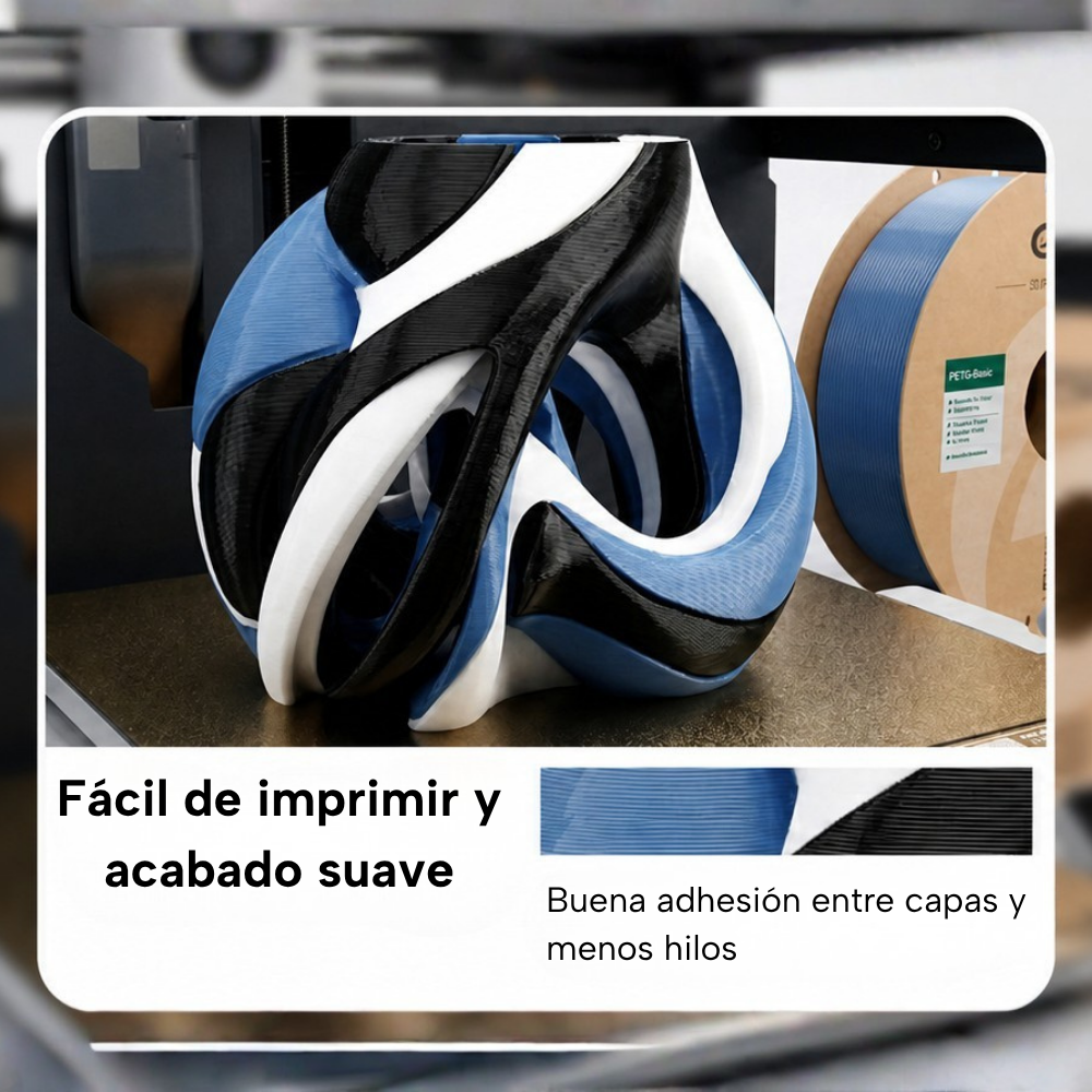 Pieza decorativa impresa con filamento eSUN PETG Basic Azul, Negro y Blanco de Smartec Store, fácil de imprimir y con acabado suave