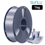 Filamento SUNLU PLA+ Silk Plateado 1 kg con muestra impresa y acabado sedoso
