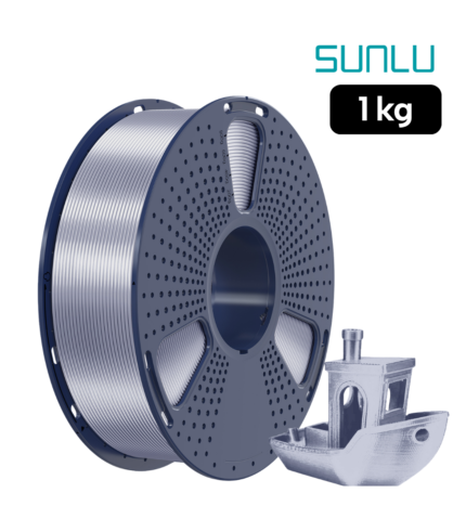 Filamento SUNLU PLA+ Silk Plateado 1 kg con muestra impresa y acabado sedoso