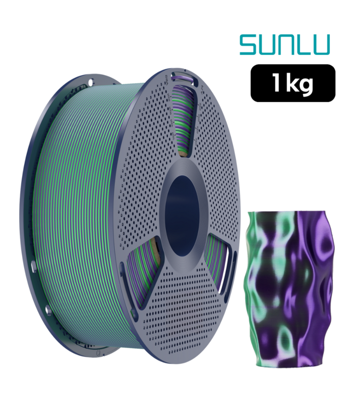 Filamento SUNLU PLA+ Silk Multicolor Verde Púrpura 1kg con muestra de jarrón impreso en 3D con acabado brillante y efecto seda multicolor