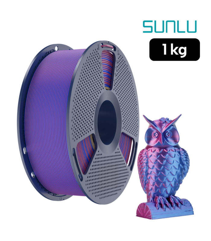 Filamento SUNLU PLA+ Silk Multicolor Azul Verde Púrpura 1kg con muestra de búho impreso en 3D con acabado brillante y efecto seda multicolor