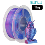 Filamento SUNLU PLA+ Silk Multicolor Azul Verde Púrpura 1kg con muestra de búho impreso en 3D con acabado brillante y efecto seda multicolor