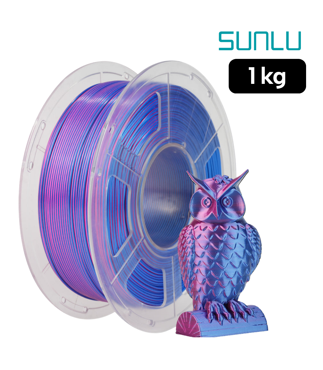 SUNLU PLA+ Silk Multicolor Azul Verde Púrpura 1kg | Smartec Store Filamento SUNLU PLA+ Silk Multicolor Azul Verde Púrpura 1kg con muestra de búho impreso en 3D con acabado brillante y efecto seda multicolor