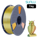 Filamento SUNLU PLA+ Silk Multicolor Rojo Amarillo Verde 1kg con muestra de búho impreso en 3D con acabado brillante y efecto multicolor