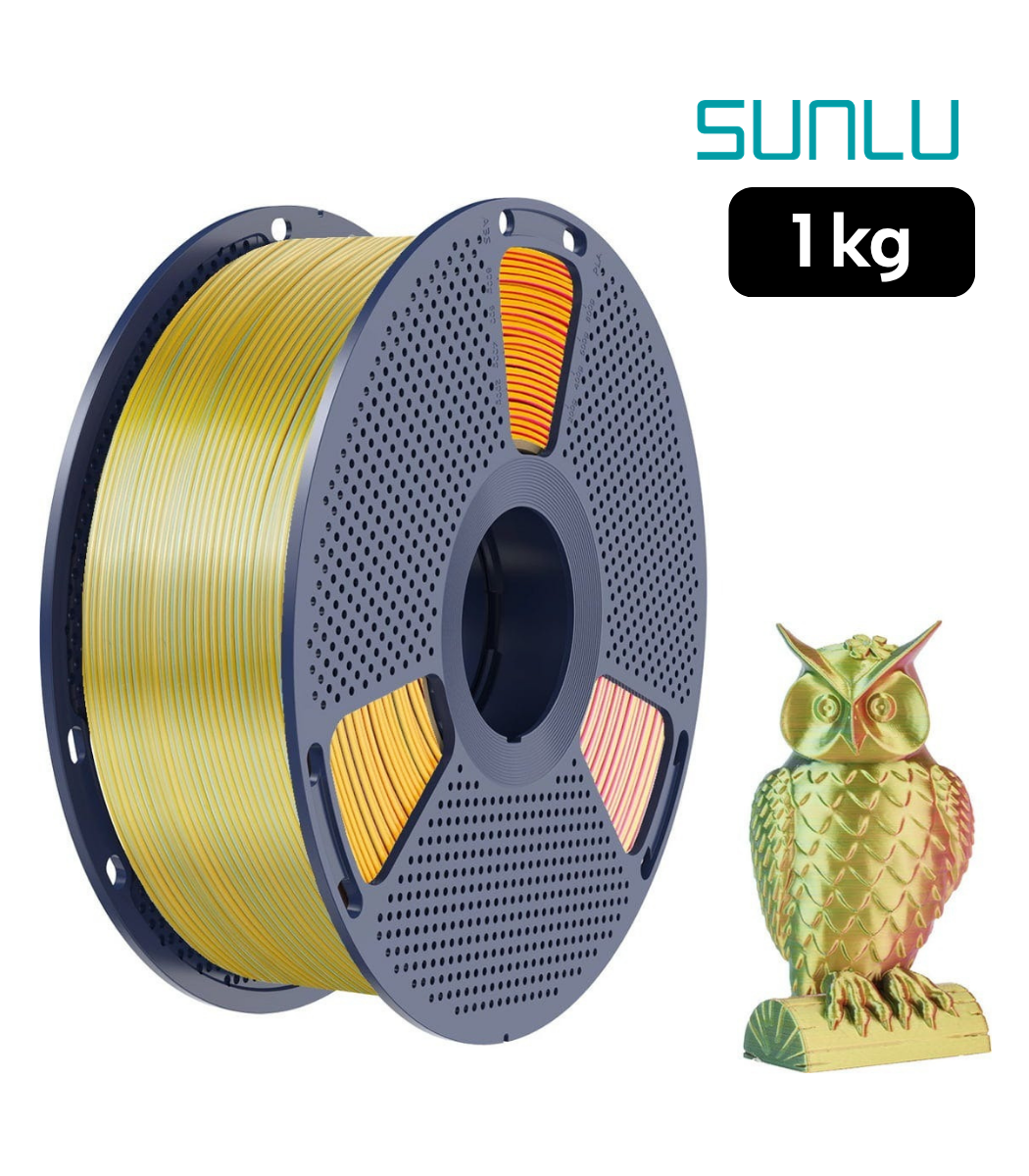 SUNLU PLA+ Silk Multicolor Rojo Amarillo Verde 1kg | Smartec Store Filamento SUNLU PLA+ Silk Multicolor Rojo Amarillo Verde 1kg con muestra de búho impreso en 3D con acabado brillante y efecto multicolor