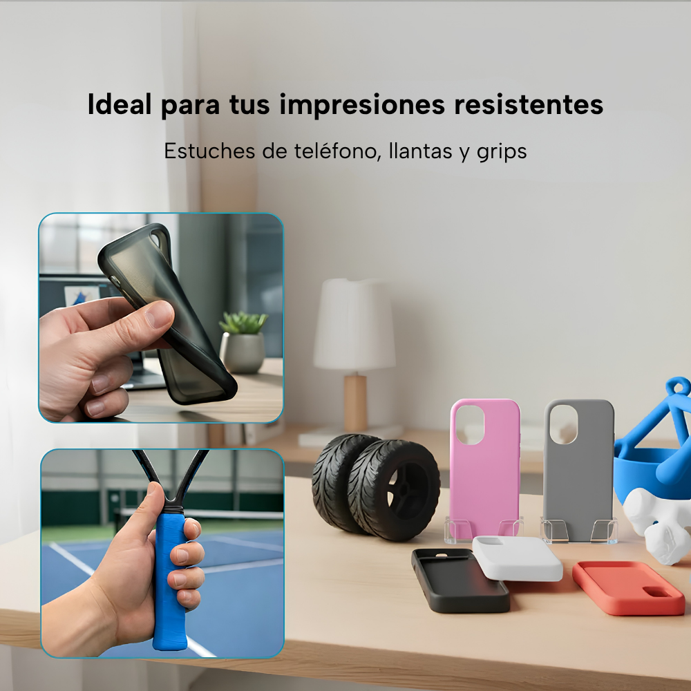 Aplicaciones del filamento SUNLU TPU 95A Varios Colores de Smartec Store en estuches de teléfono, llantas y grips flexibles