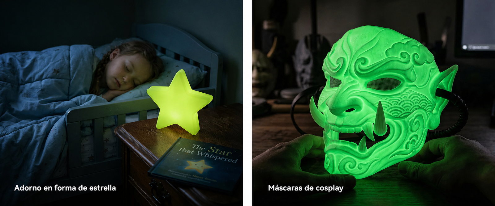 Adorno de estrella y máscara de cosplay impresos con filamento SUNLU PLA Glow in the Dark de Smartec Store, con brillo luminoso en la oscuridad
