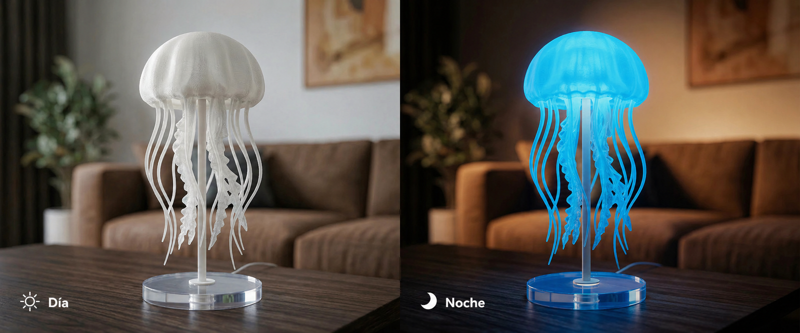 Medusa decorativa impresa con filamento SUNLU PLA Glow in the Dark Azul de Smartec Store, mostrando brillo luminoso de día y noche