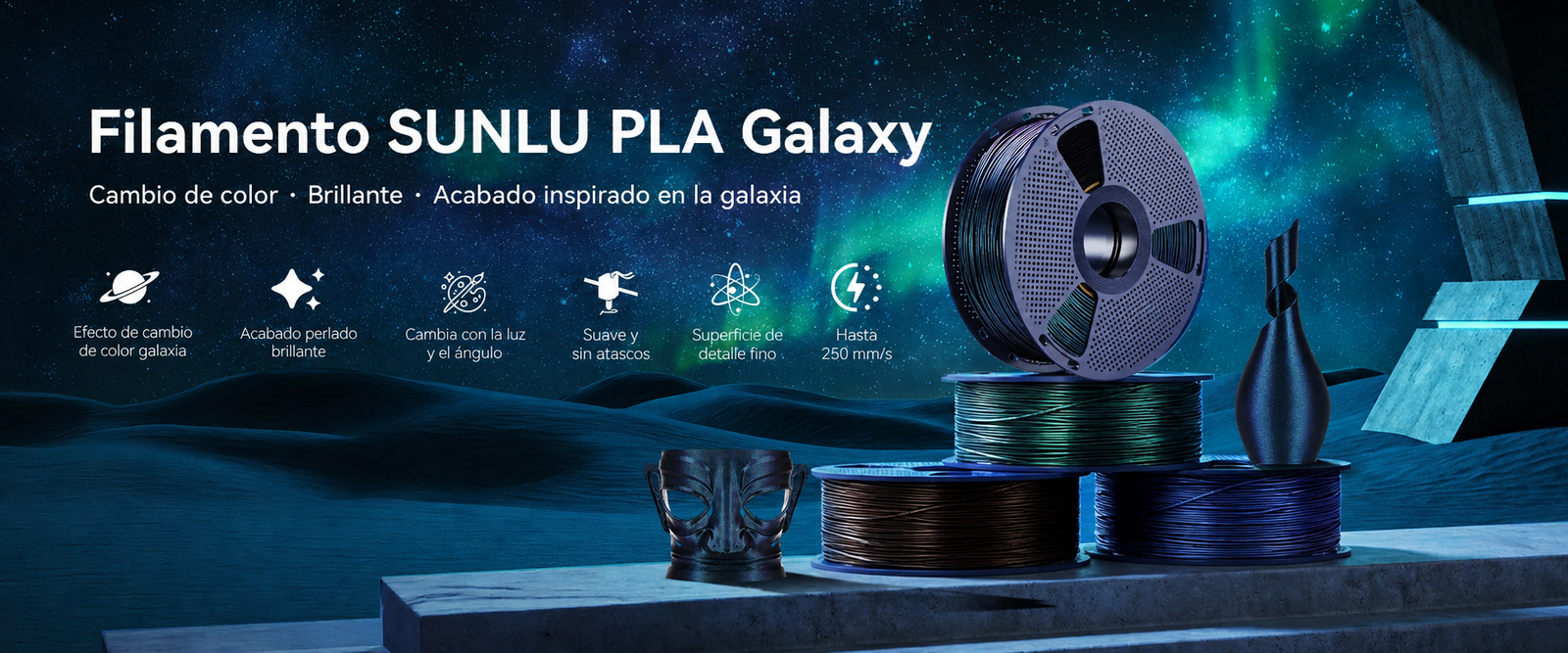 Filamento SUNLU PLA Galaxy Galaxia de Smartec Store, con acabado perlado brillante, cambio de color y efecto inspirado en la galaxia