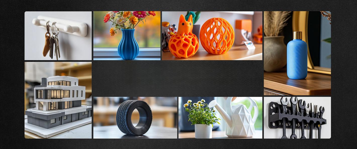 Aplicaciones del filamento SUNLU High Speed PETG Mate de Smartec Store en floreros, herramientas, piezas decorativas y maquetas impresas en 3D
