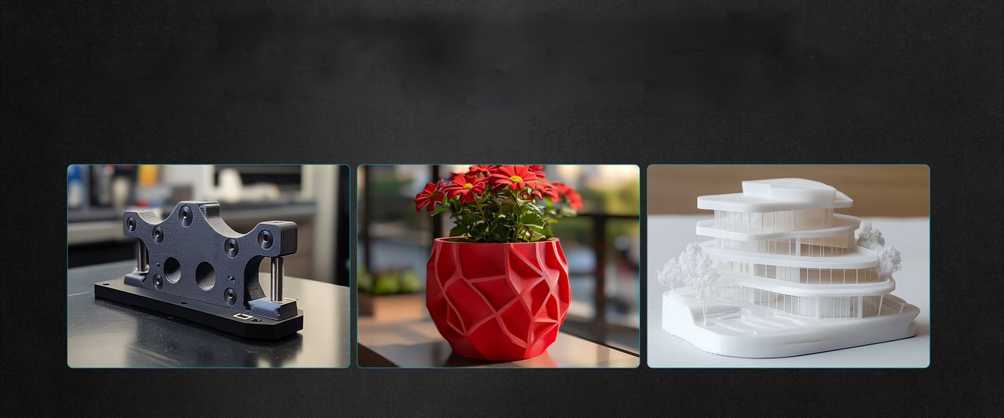Pieza técnica negra y maceta roja impresas con SUNLU High Speed PETG Mate de Smartec Store para proyectos funcionales y decorativos