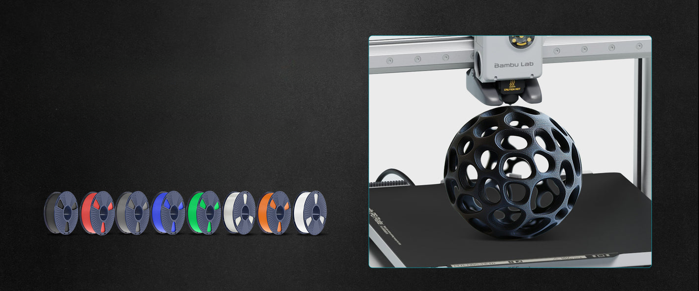 Filamentos SUNLU High Speed PETG Mate Varios Colores de Smartec Store junto a pieza esférica impresa en 3D con acabado mate