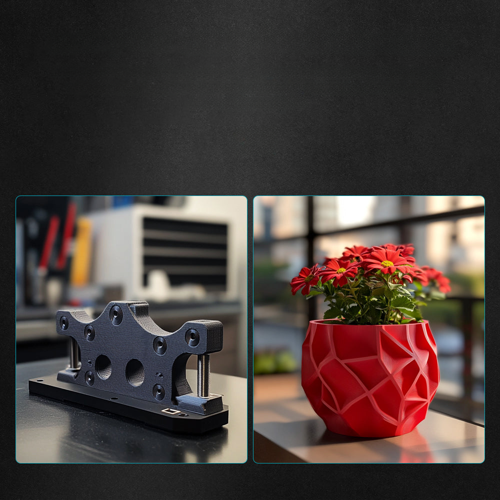 Pieza técnica negra y maceta roja impresas con SUNLU High Speed PETG Mate de Smartec Store para proyectos funcionales y decorativos