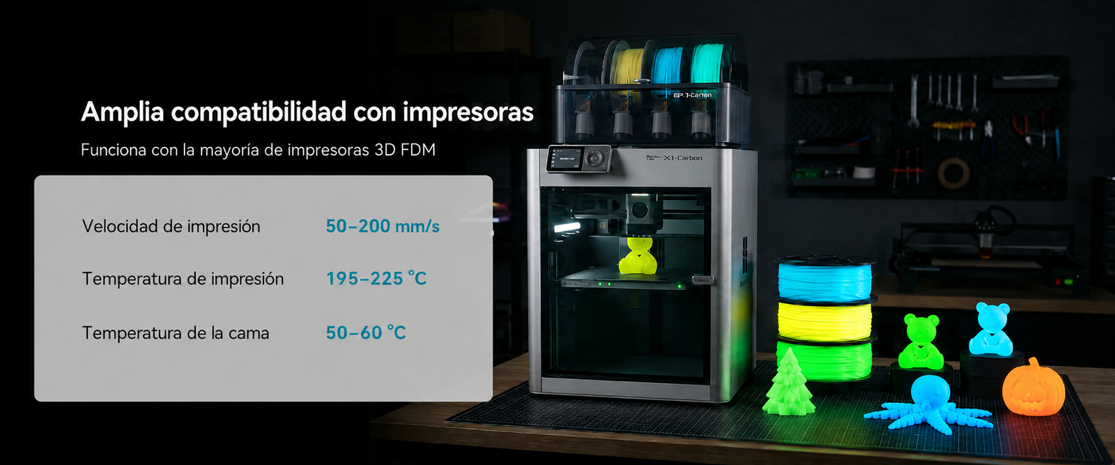 Guía de compatibilidad del filamento SUNLU PLA Glow in the Dark de Smartec Store, con parámetros de impresión para piezas luminosas