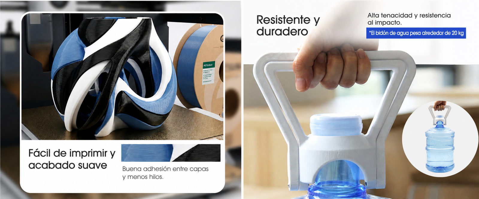 Filamento eSUN PETG Basic Azul, Negro y Blanco de Smartec Store para impresión 3D fácil, acabado suave y piezas resistentes